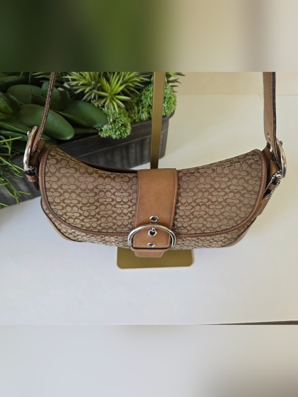 Coach Soho Signature Large Flap Shoulder Bag Brown Jacquard Canvas Leather Trim - Picture 6 of 16